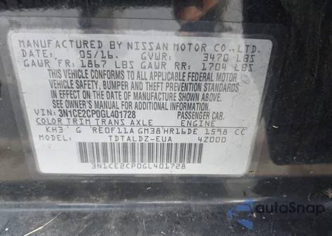 2016 Nissan Versa Note S (Sr)/S Plus/Sl/Sr/Sv z USA, uszkodzony, nr VIN 3N1CE2CP0GL401728